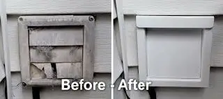 Before-and-after photo of a professional dryer vent repair job in Birmingham, Alabama.