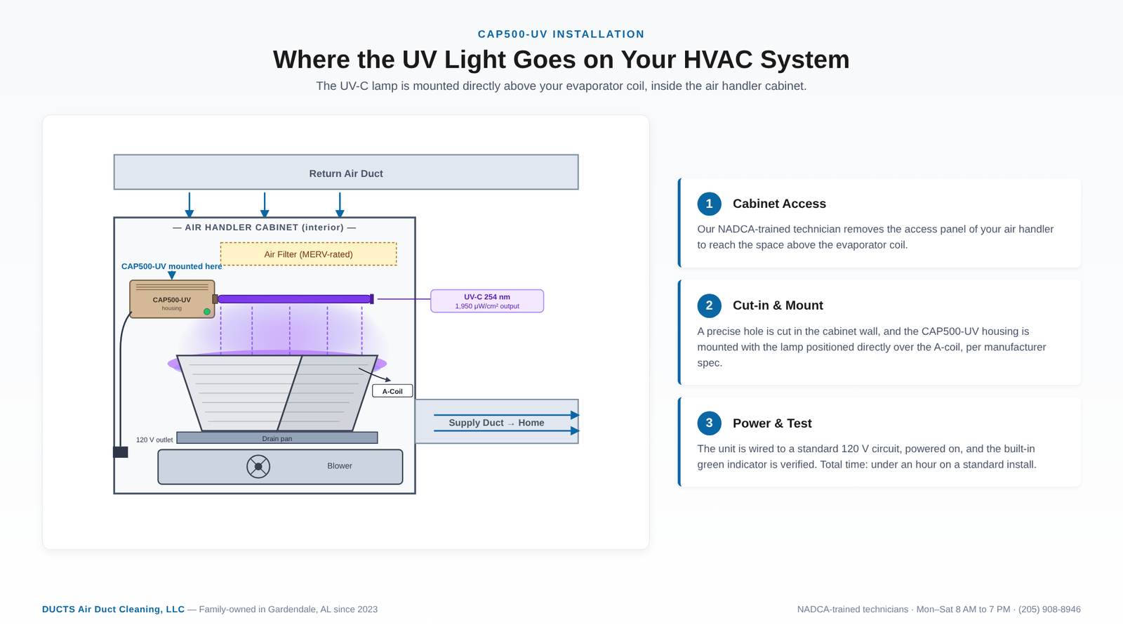 Diagram showing the CAP500-UV mounted inside an HVAC air handler cabinet directly above the evaporator coil, installed by DUCTS in Birmingham AL